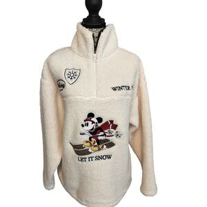 Disney Mickey Sherpa Fleece Quarter Zip Pullover Winter Ski Women's L NWT